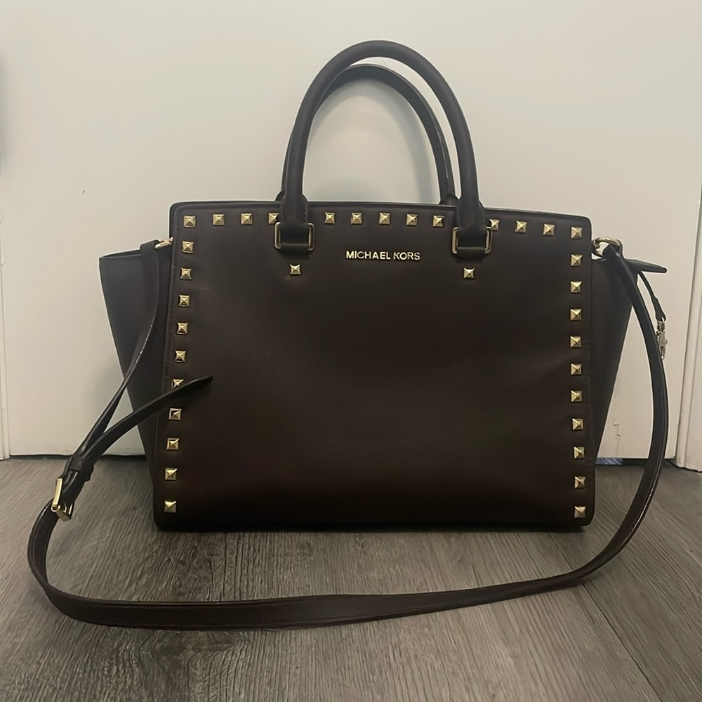 Michael Kors Brown Stud Embellished Saffiano Leather Handle Bag, Great Condition